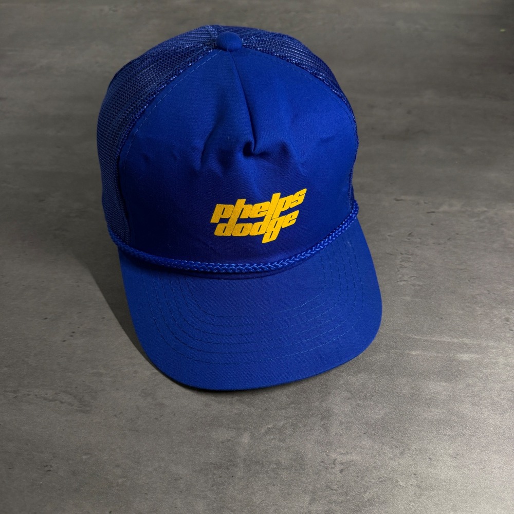 Vintage Youngan Phelps Dodge Trucker Snapback Hat Mens Blue Yellow Rope Car Auto